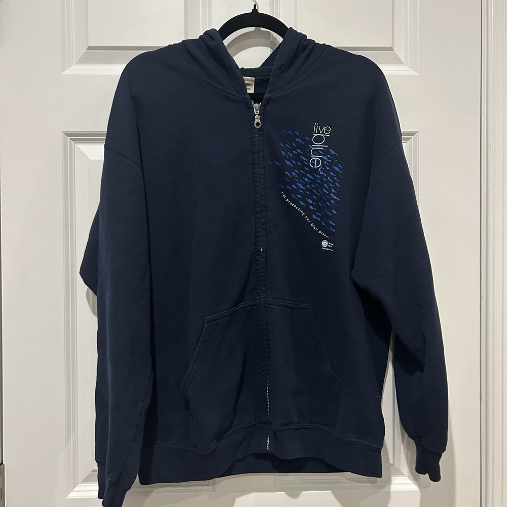 Vintage New England Aquarium Boston Official Full Zip Hoodie Navy Live Blue EUC